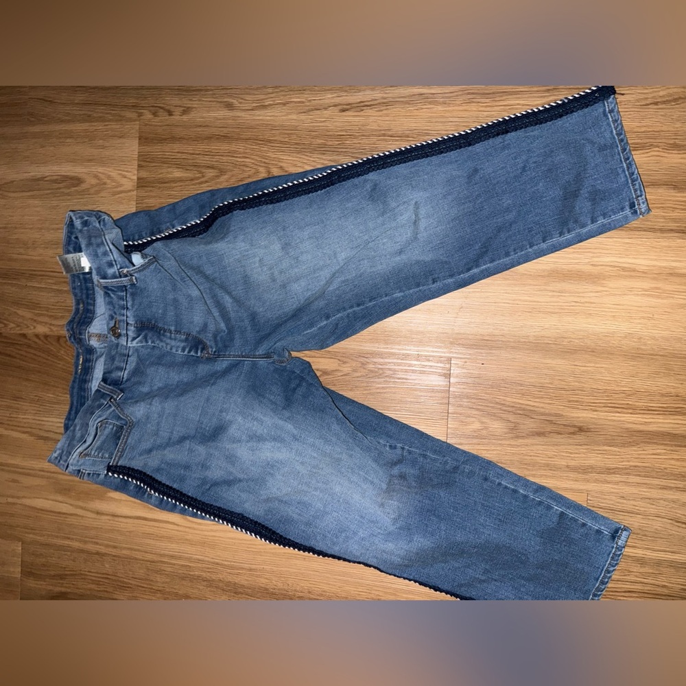 Chico's Medium Blue Slim Straight Jeans with Navy Side Trim CROPPED